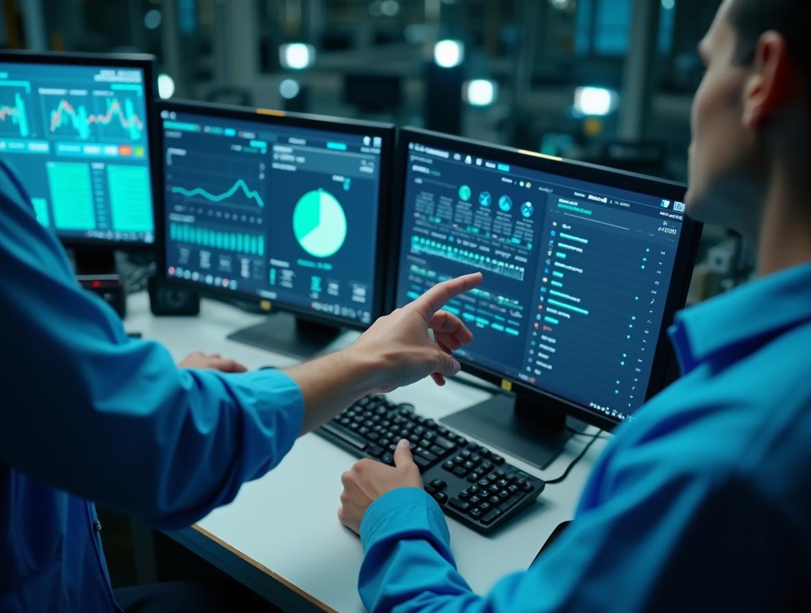 製造業控制室內，技術人員在電腦監控面板前檢視生產數據