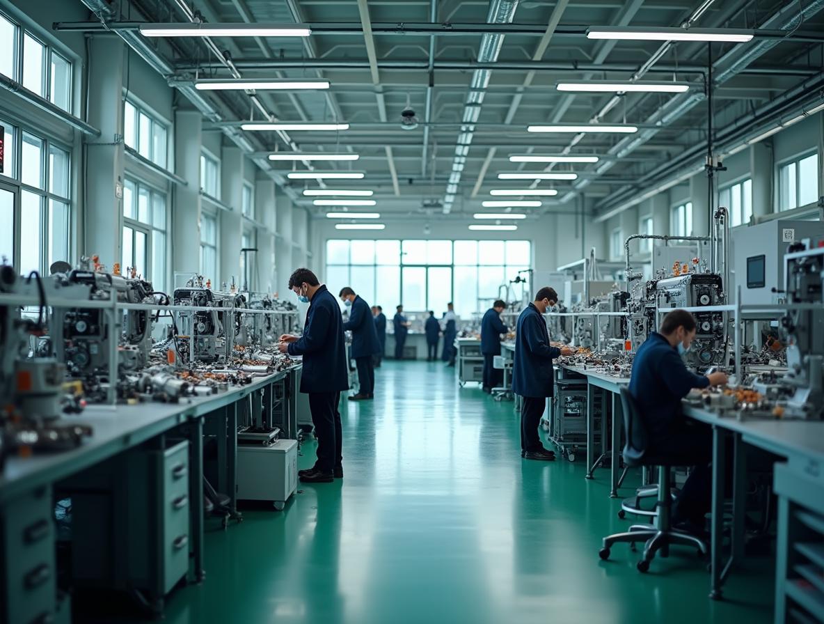製造業工廠內的生產線，工人在工作站組裝工業零件，機器設備整齊排列。