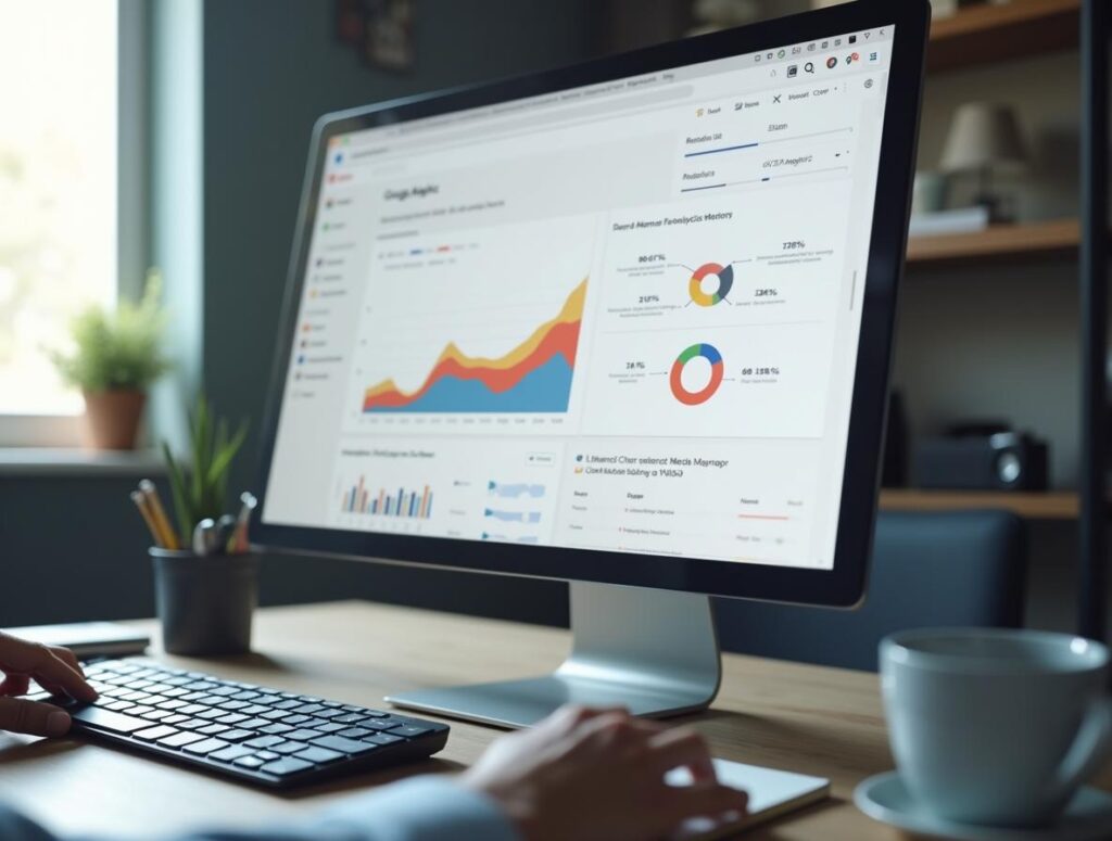 電腦螢幕顯示Google Analytics數據，上升趨勢圖表清晰可見，手指在鍵盤上操作