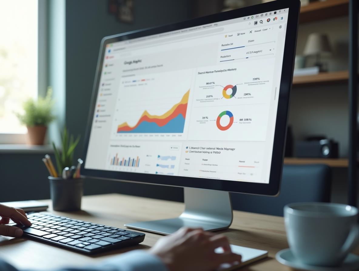 電腦螢幕顯示Google Analytics數據，上升趨勢圖表清晰可見，手指在鍵盤上操作