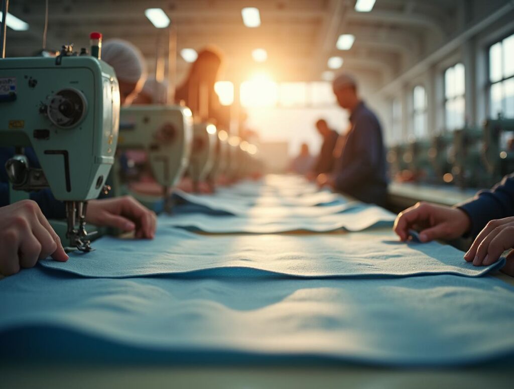 紡織工廠內工人在工業縫紉機前進行布料加工，陽光灑入寬闊廠房。